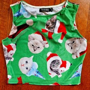 Santa cat winter Christmas party top stretchy size small tank